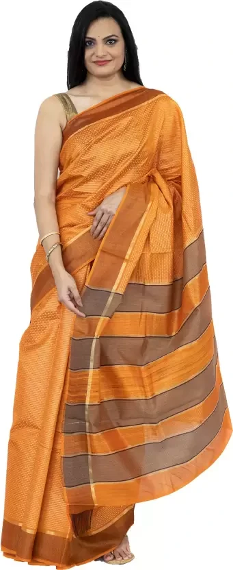 Striped Handloom Tussar Silk Saree  (Orange)