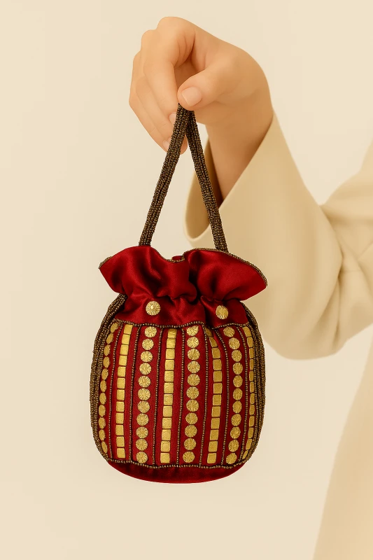 Handmade Dull Beads Potli with Golden Embroidery : G&A(GJ) PVTG