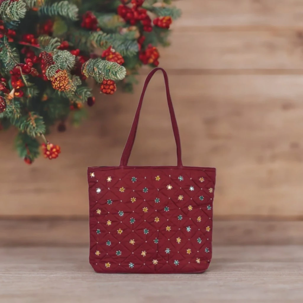 Tribes India Handmade Banjara Mirror Beads Handbag for Women Dark Maroon Color